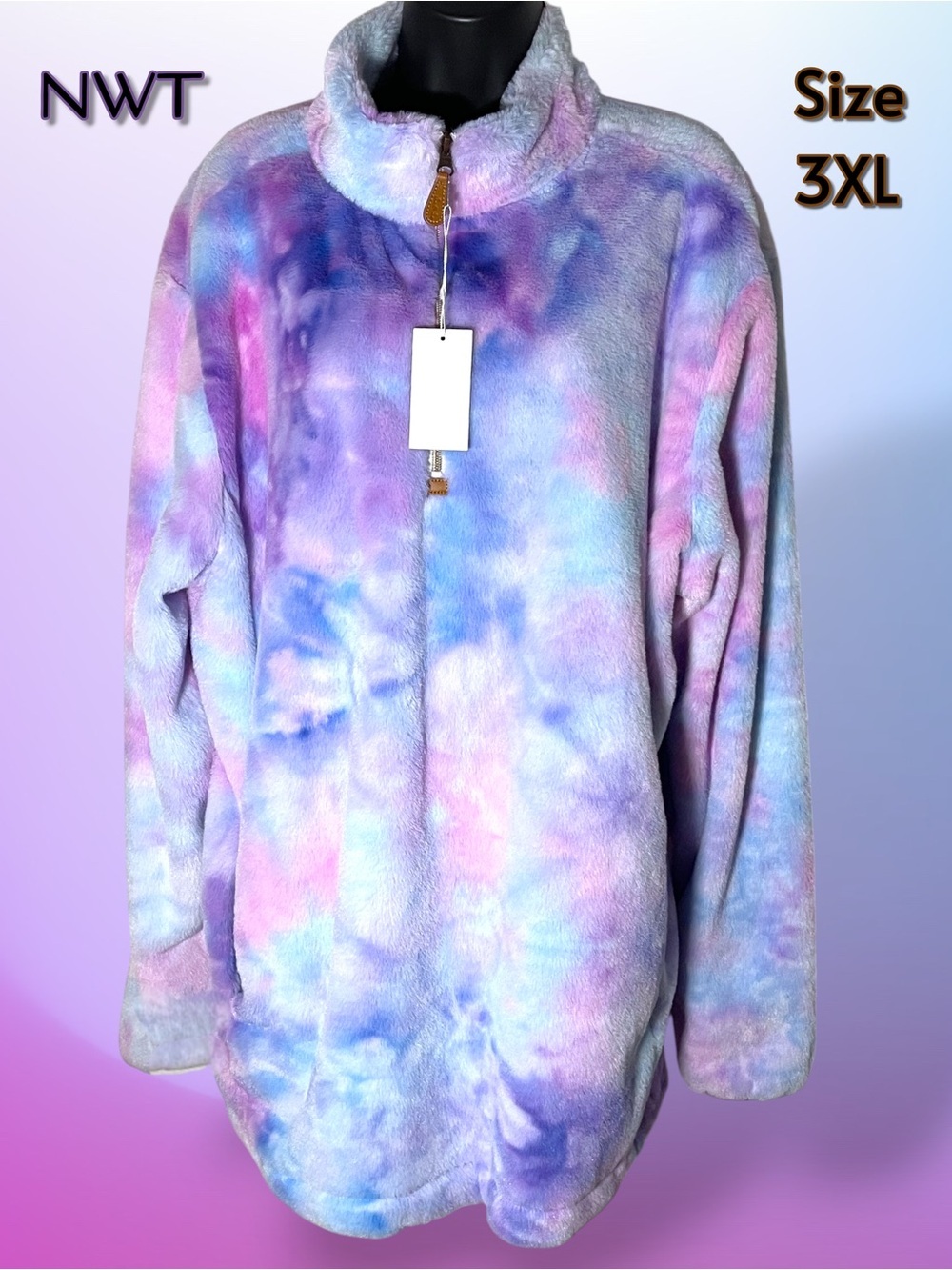 NWT She and Sho Icy Pastel Rainbow Tie Dye Plush Quarter-Zip Pullover – Size 3XL